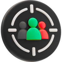 3D-Icon mit Fadenkreuz und drei Personen – Symbol für Zielgruppenanalyse, Segmentierung, Lookalike Audiences und Retargeting im Online-Marketing