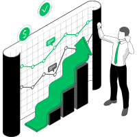 Illustration mit wachsender Performance-Kurve und grünem Aufwärtspfeil neben jubelnder Person – Symbol für Performance-Marketing, Conversion-Optimierung und Leadgenerierung